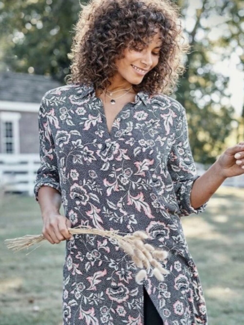 J.Jill Floral Tunic Top Long Sleeve Side Slit L
